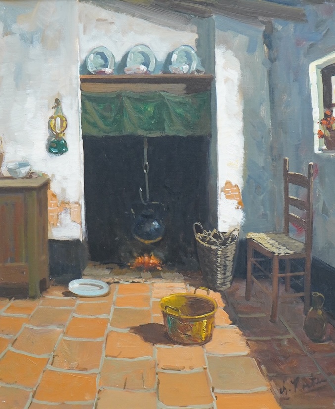 Contemporary Dutch School, Interior scene with open fireplace, indistinctly signed lower right, oil on canvas, 60 x 49cm